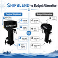 An infographic comparison graphic titled 'SHIPBLEND vs Budget Alternative' showing a black outboard motor labeled 'SHIPBLEND' on the left and a cheaper generic outboard motor on the right, with bullet points comparing features like electric push button, food-safe materials, and clip grip quality.